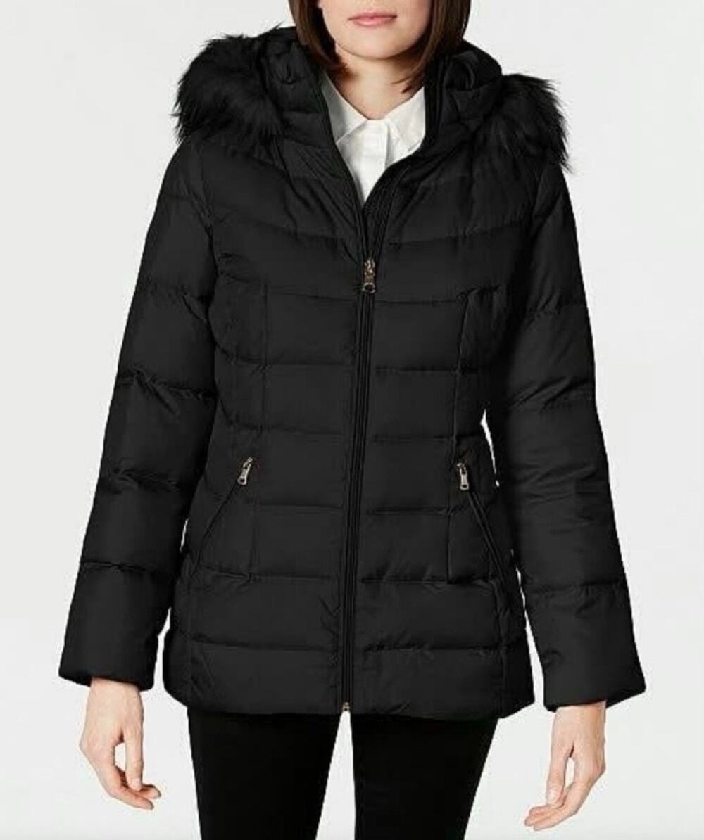 Calvin Klein Sz L Puffer Coat Duck Filing Plush Faux-Fur Trim Hood Winter Warm